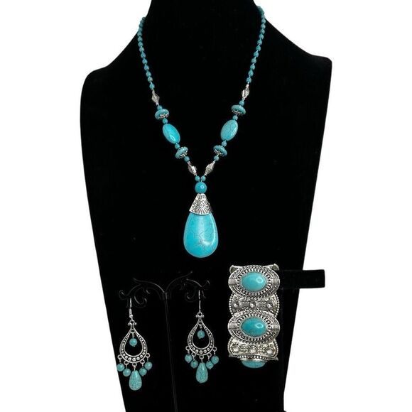 NWOT Fashion 3Pc Jewelry Set Women's Blue & Silver-tone Bohemian Faux Turquoise - Picture 3 of 6